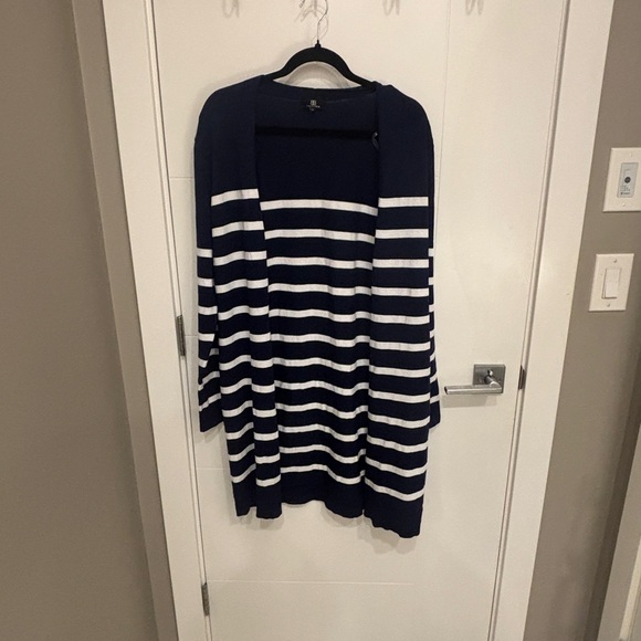 Sweaters - Striped Open-Front Navy and White Women's Cardigan Sweater